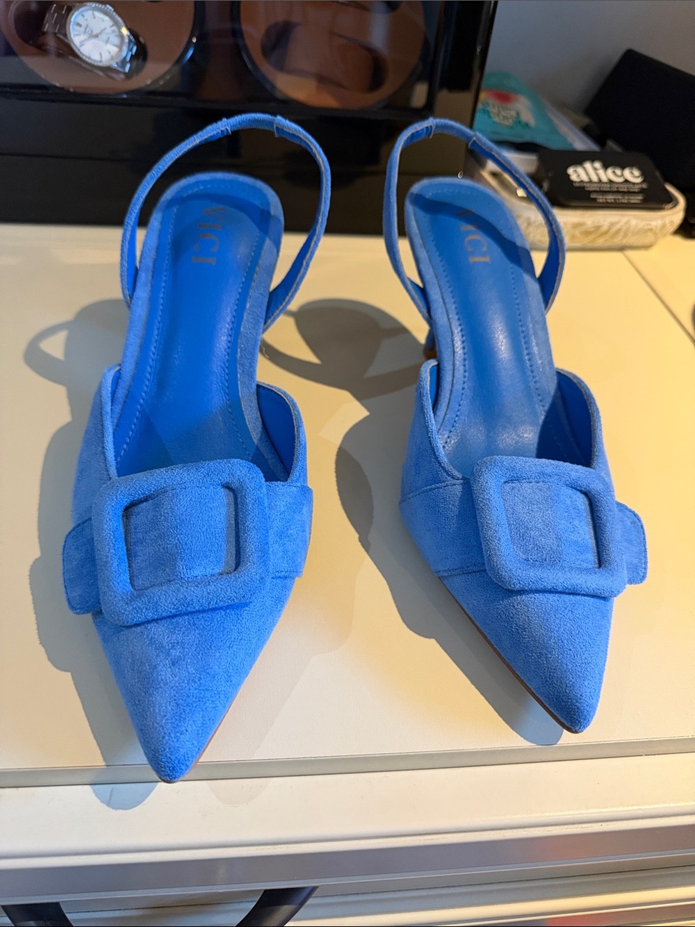 Vici Royal Blue Suede Pointed Slingback Heels with Buckle Detail